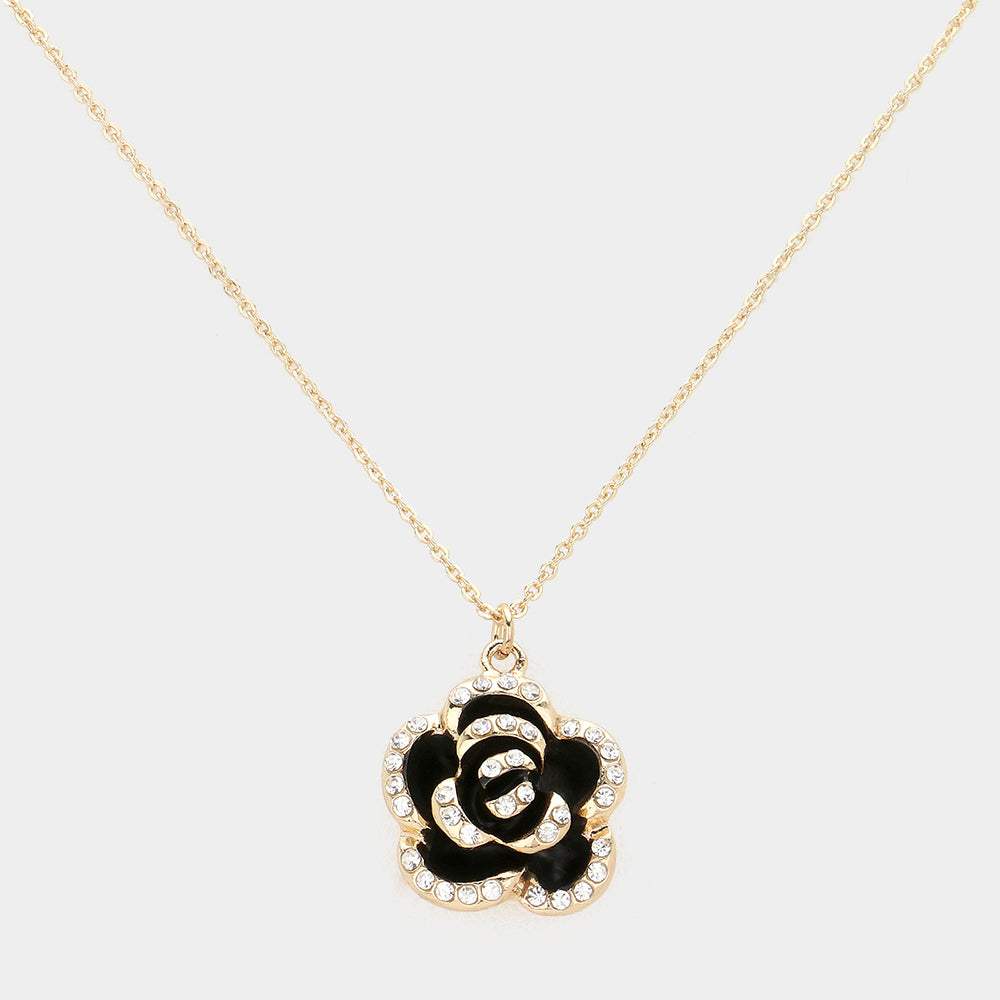 Stone Paved Rim Enamel Rose Pendant Necklace - Madeline Love - Flyclothing LLC