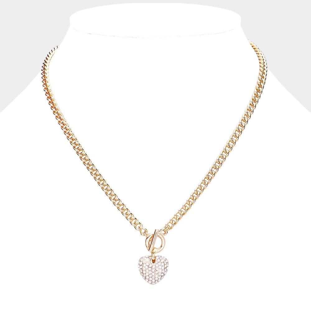 Crystal Rhinestone Pave Heart Pendant Toggle Necklace - Madeline Love - Flyclothing LLC