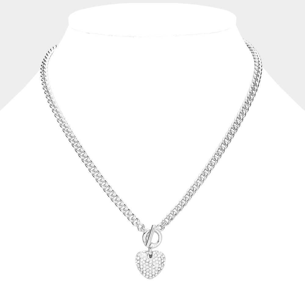 Crystal Rhinestone Pave Heart Pendant Toggle Necklace - Madeline Love - Flyclothing LLC