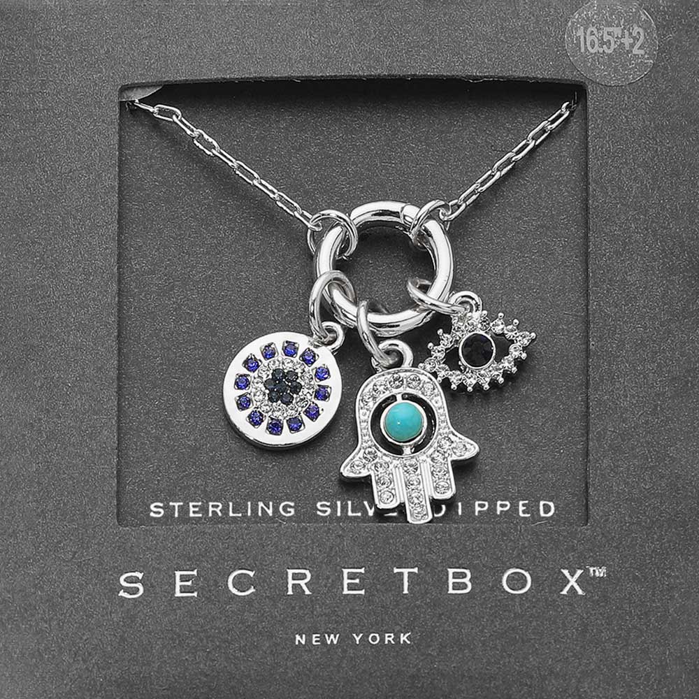SECRET BOX_Sterling Silver Dipped Interchangeable Hamsa Hand Evil Eye Round Charm Pendant Necklace - Madeline Love - Flyclothing LLC