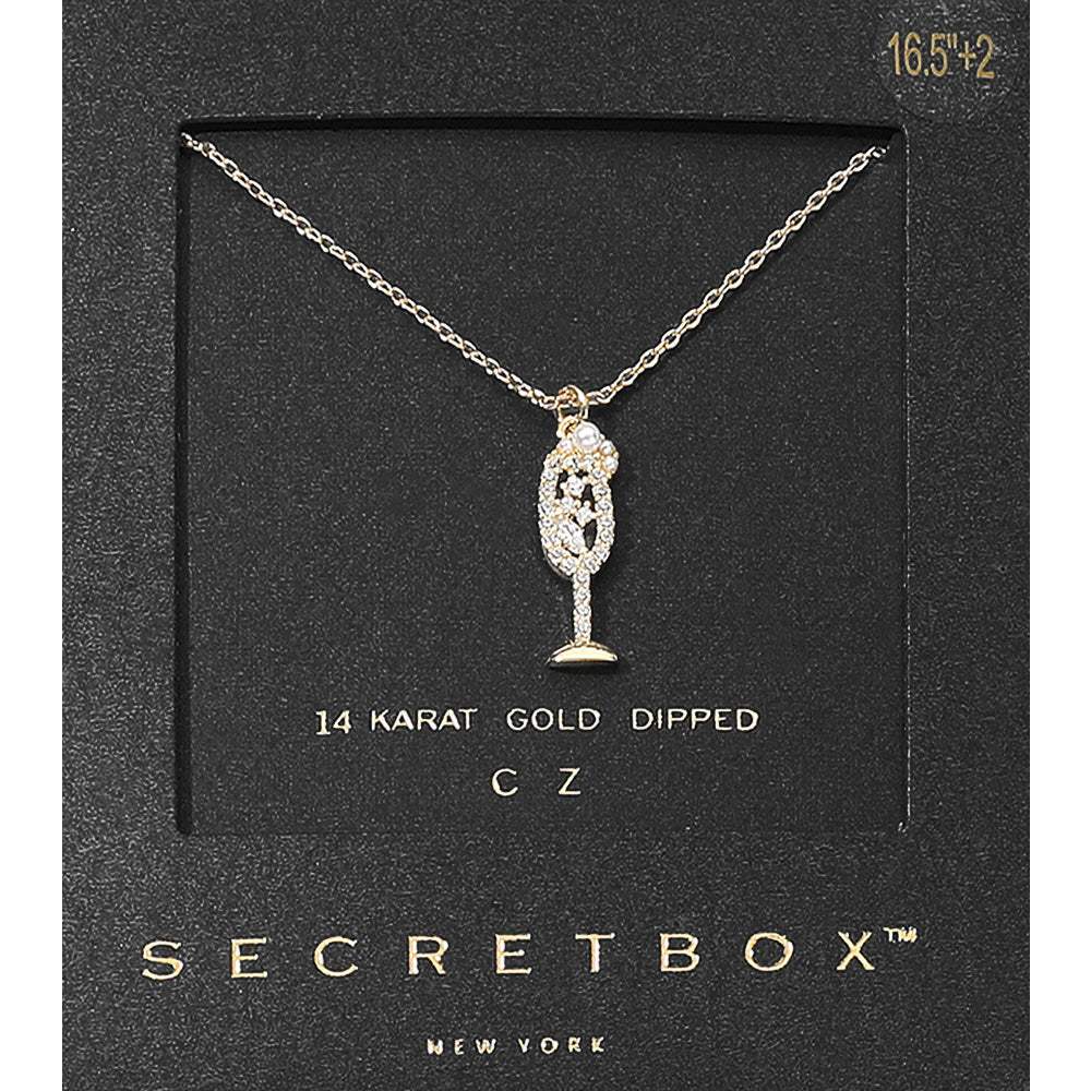 SECRET BOX_14K Gold Dipped CZ Stone Pearl Paved Champagne Glass Pendant Necklace - Madeline Love - Flyclothing LLC