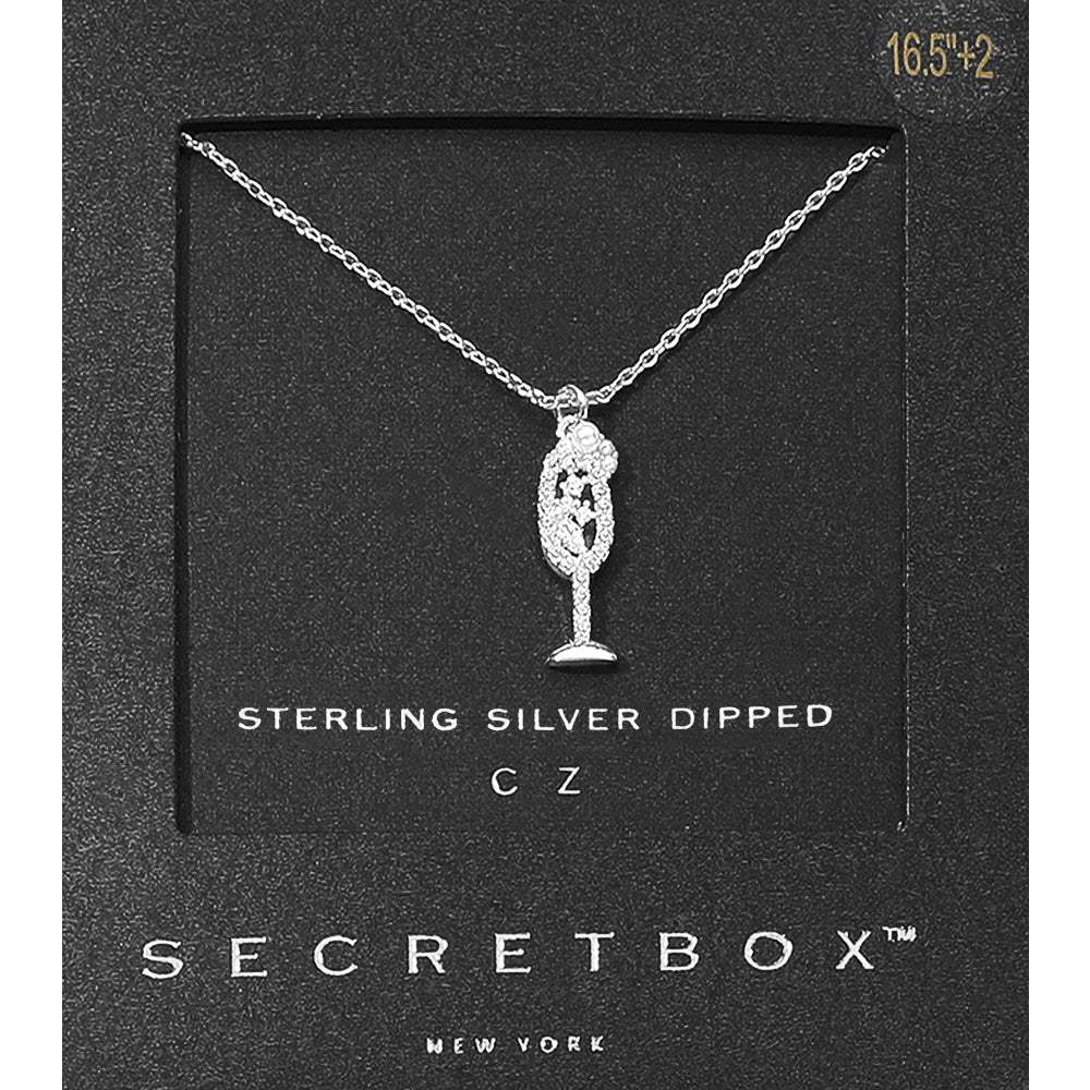 SECRET BOX_Sterling Silver Dipped CZ Stone Pearl Paved Champagne Glass Pendant Necklace - Madeline Love - Flyclothing LLC