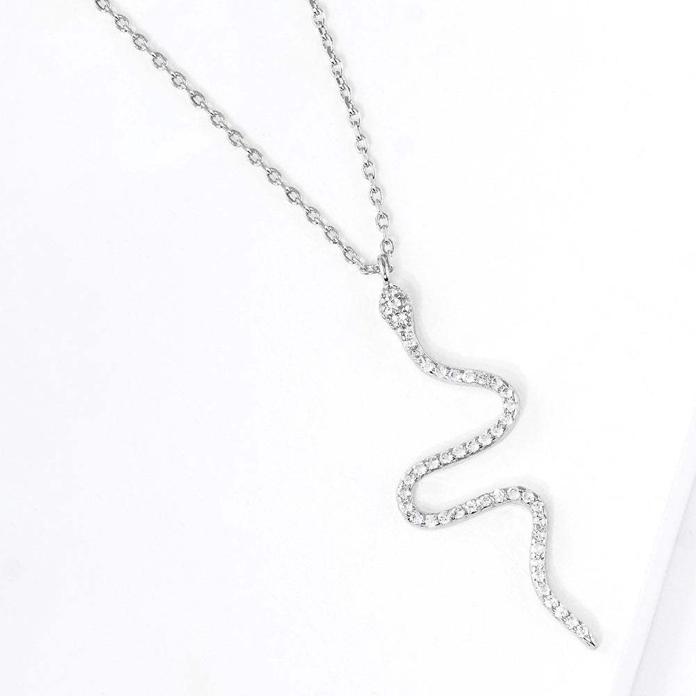 White Gold Dipped CZ Embellished Metal Snake Pendant Necklace - Madeline Love - Flyclothing LLC