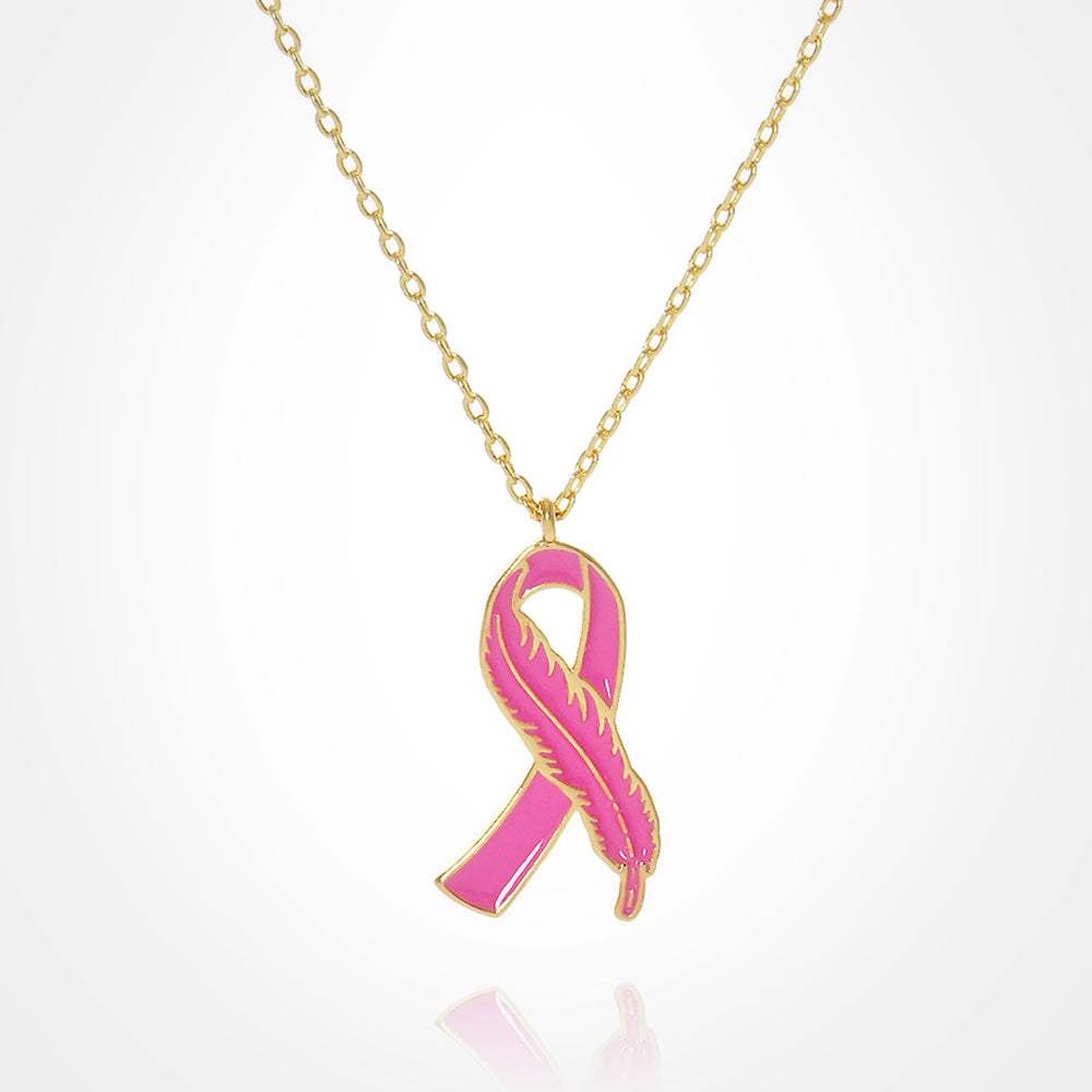 Gold Dipped Enamel Feather Detailed Pink Ribbon Pendant Necklace - Madeline Love - Flyclothing LLC