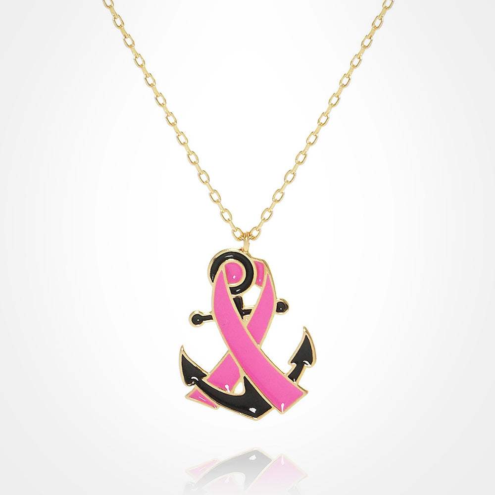 Gold Dipped Enamel Anchor Pink Ribbon Pendant Necklace - Madeline Love - Flyclothing LLC