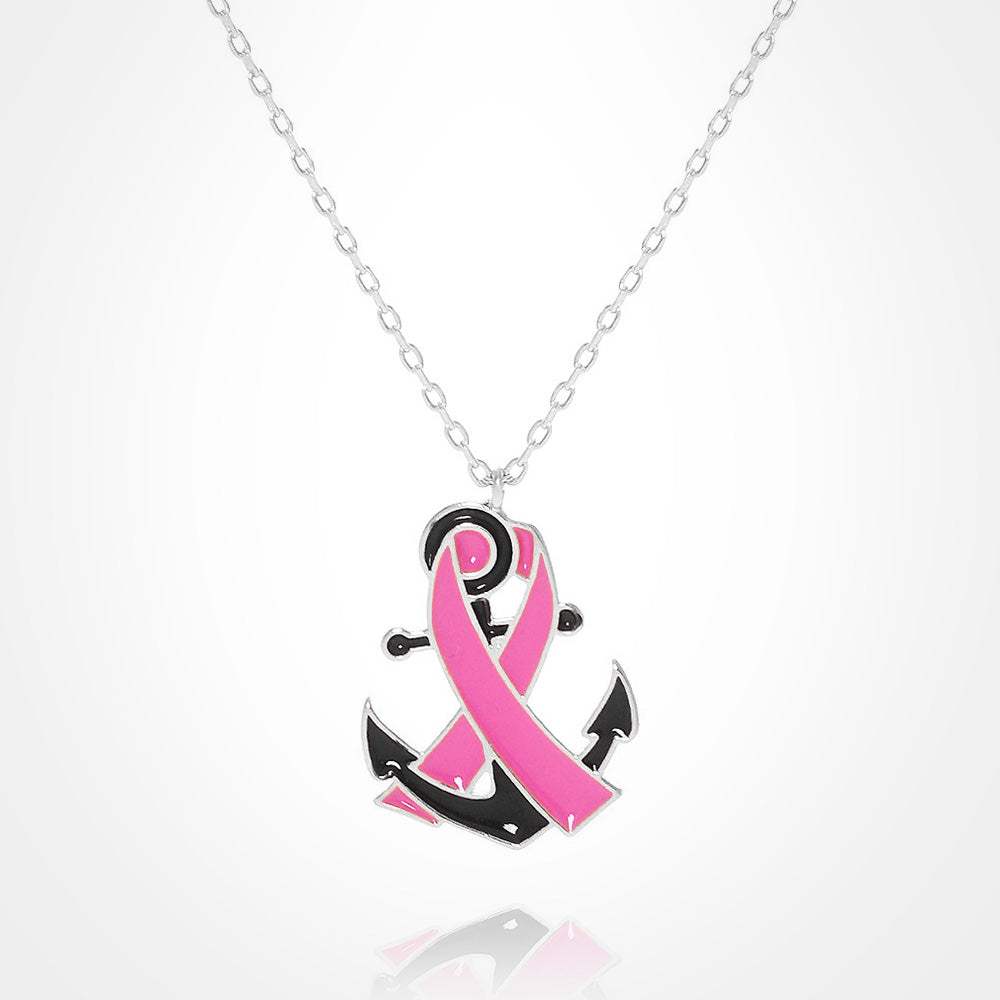 White Gold Dipped Enamel Anchor Pink Ribbon Pendant Necklace - Madeline Love - Flyclothing LLC