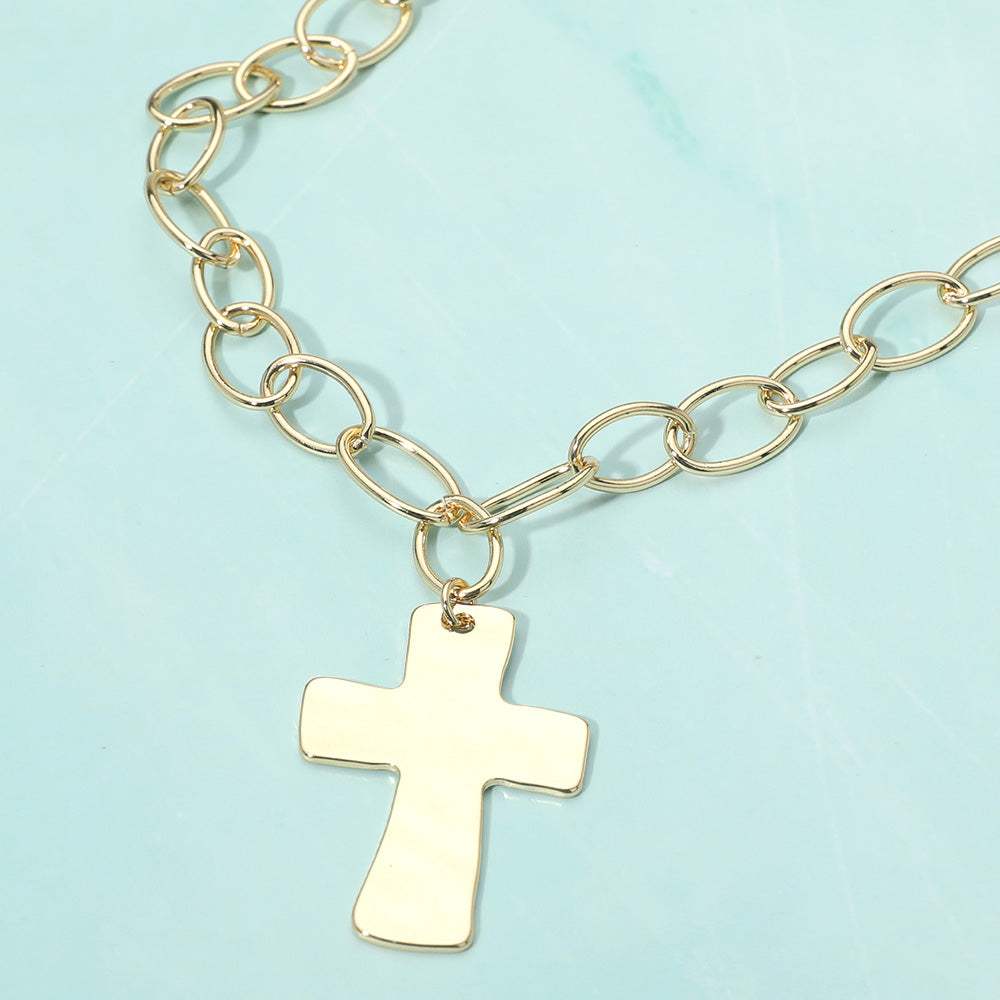 18K Gold Dipped Chunky Cross Pendant Oval Link Chain Statement Necklace - Madeline Love - Flyclothing LLC