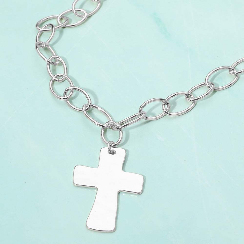 18K Gold Dipped Chunky Cross Pendant Oval Link Chain Statement Necklace - Madeline Love - Flyclothing LLC