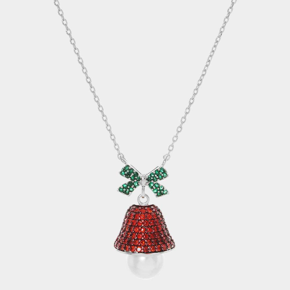 White Gold Dipped Pearl CZ Jingle Bell Pendant Necklace - Madeline Love - Flyclothing LLC
