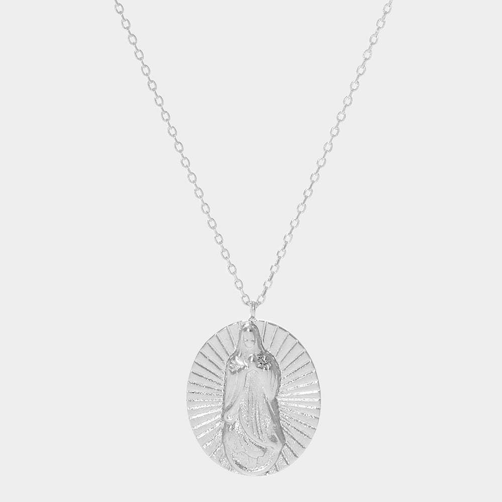 White Gold Dipped Virgin Mary Metal Oval Pendant Necklace - Madeline Love - Flyclothing LLC