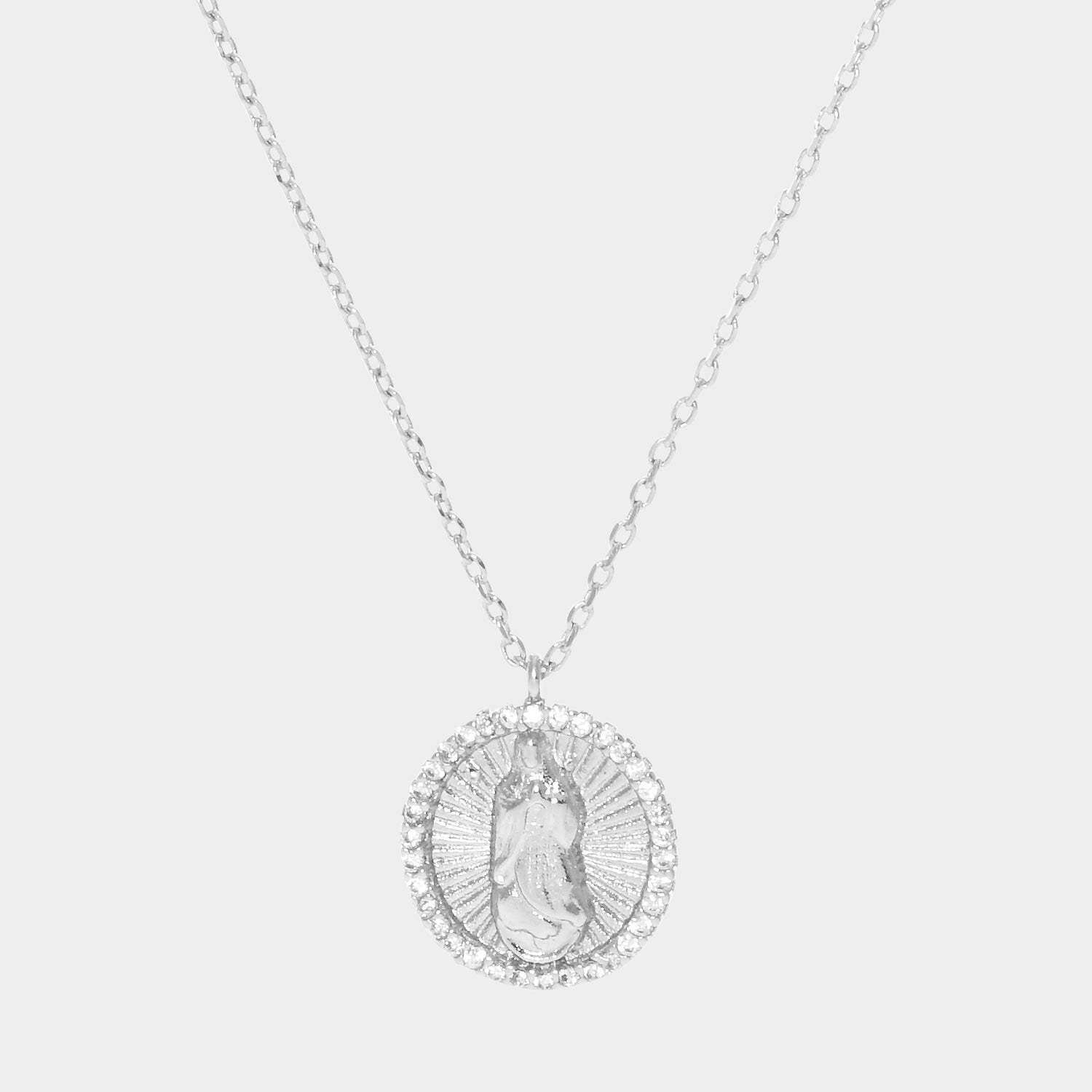 White Gold Dipped CZ Trimmed Virgin Mary Metal Round Pendant Necklace - Madeline Love - Flyclothing LLC