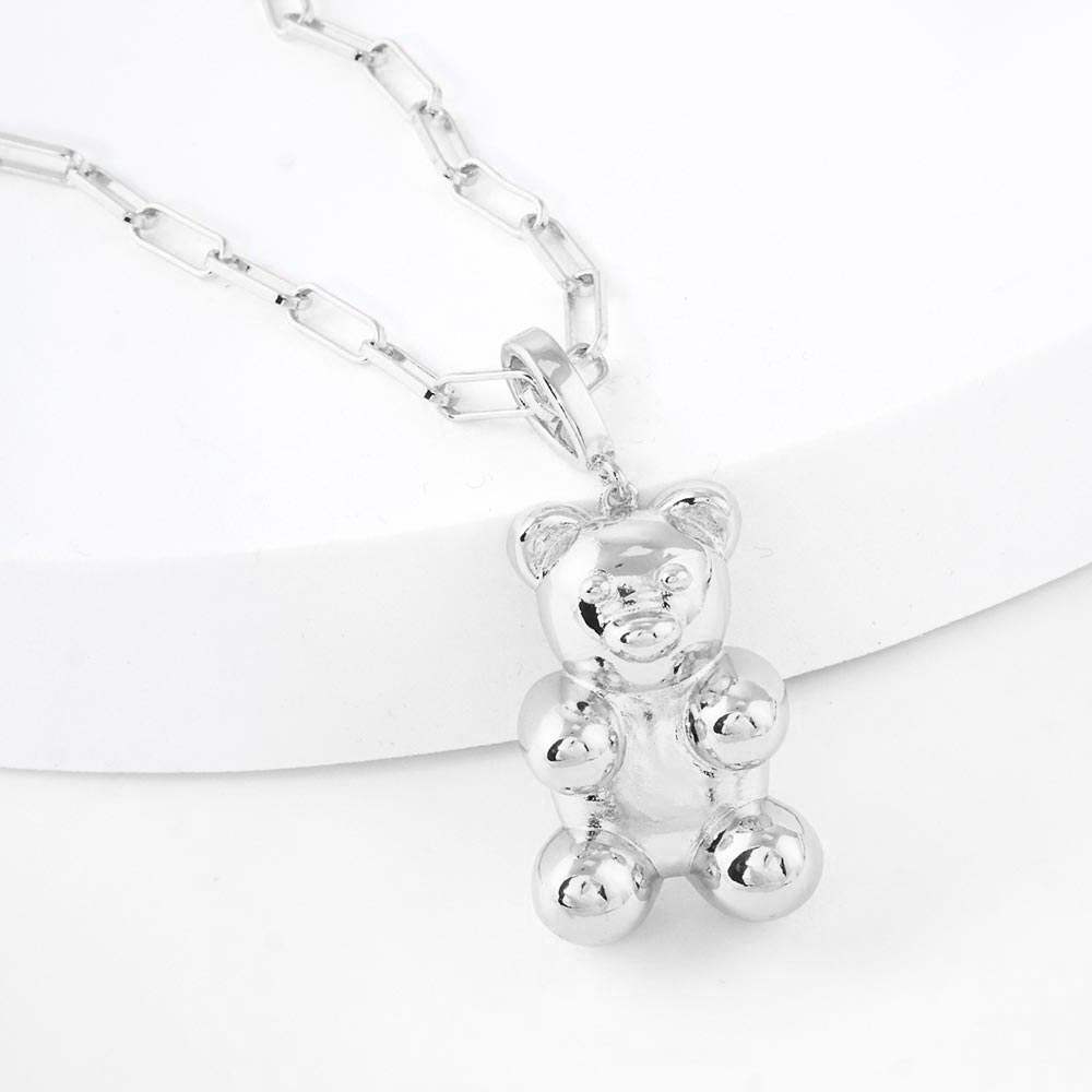 White Gold Dipped Brass Metal Bear Pendant Necklace - Madeline Love - Flyclothing LLC