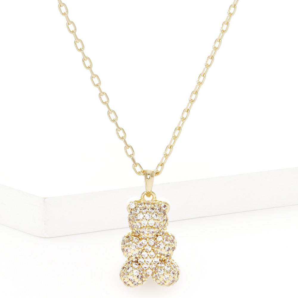 Gold Dipped CZ Embellished Metal Bear Pendant Necklace - Madeline Love - Flyclothing LLC