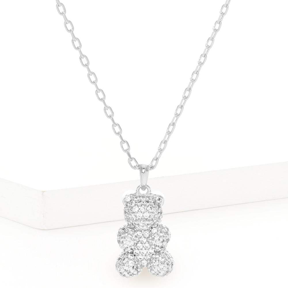 White Gold Dipped CZ Embellished Metal Bear Pendant Necklace - Madeline Love - Flyclothing LLC