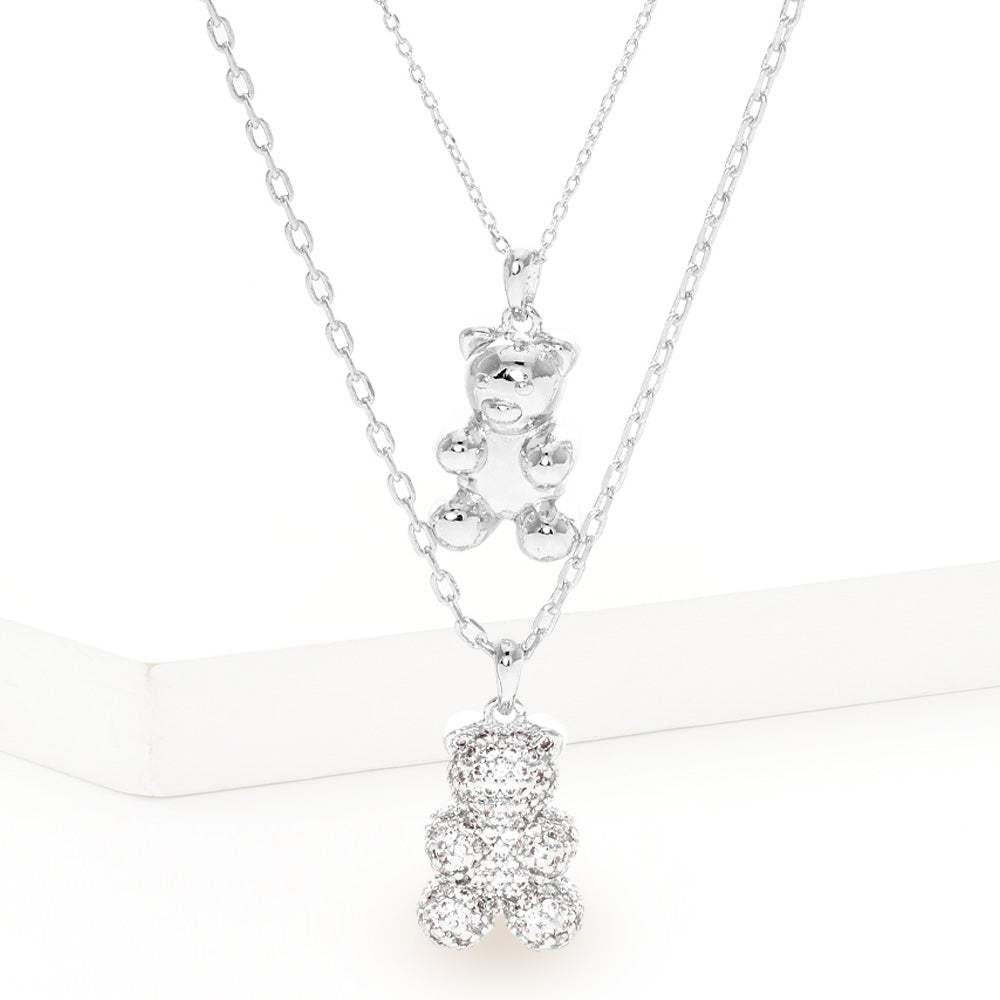 White Gold Dipped CZ Embellished Metal Bear Pendant Double Layered Necklace - Madeline Love - Flyclothing LLC