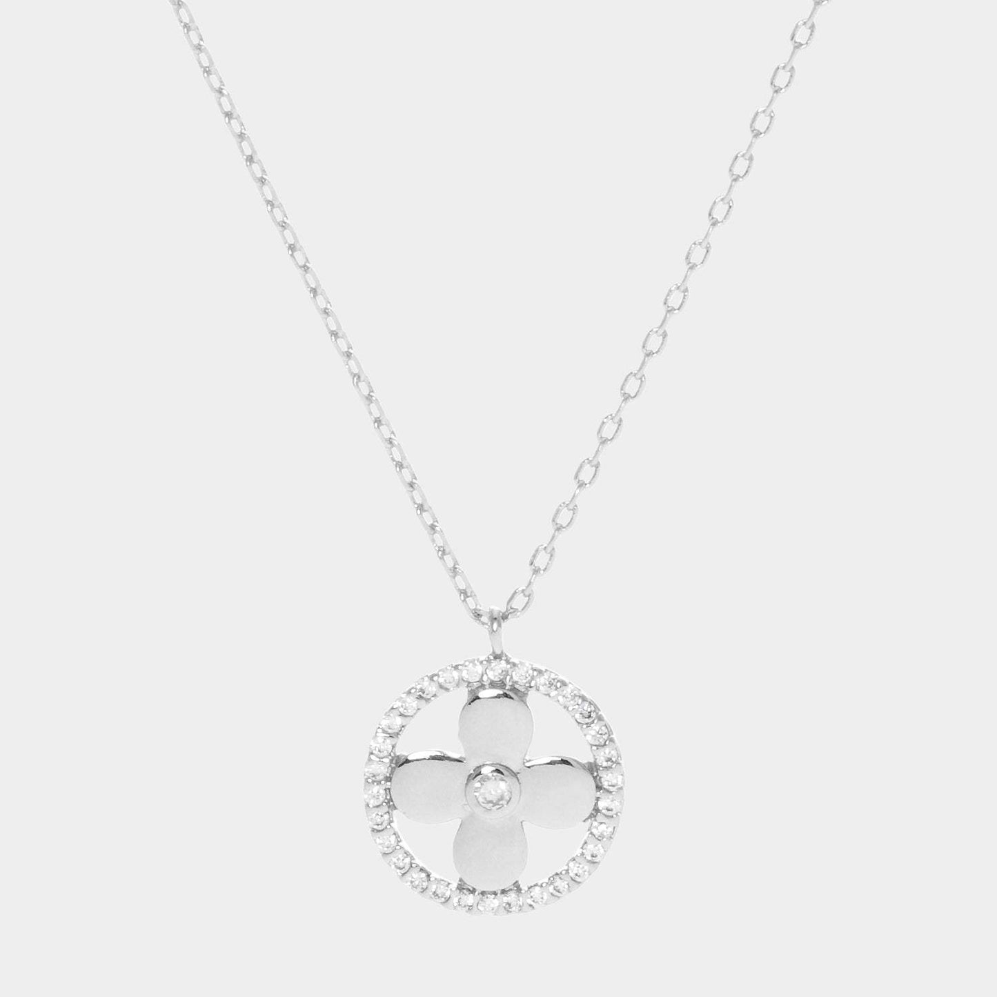 White Gold Dipped CZ Centered Metal Quatrefoil Round Pendant Necklace - Madeline Love - Flyclothing LLC