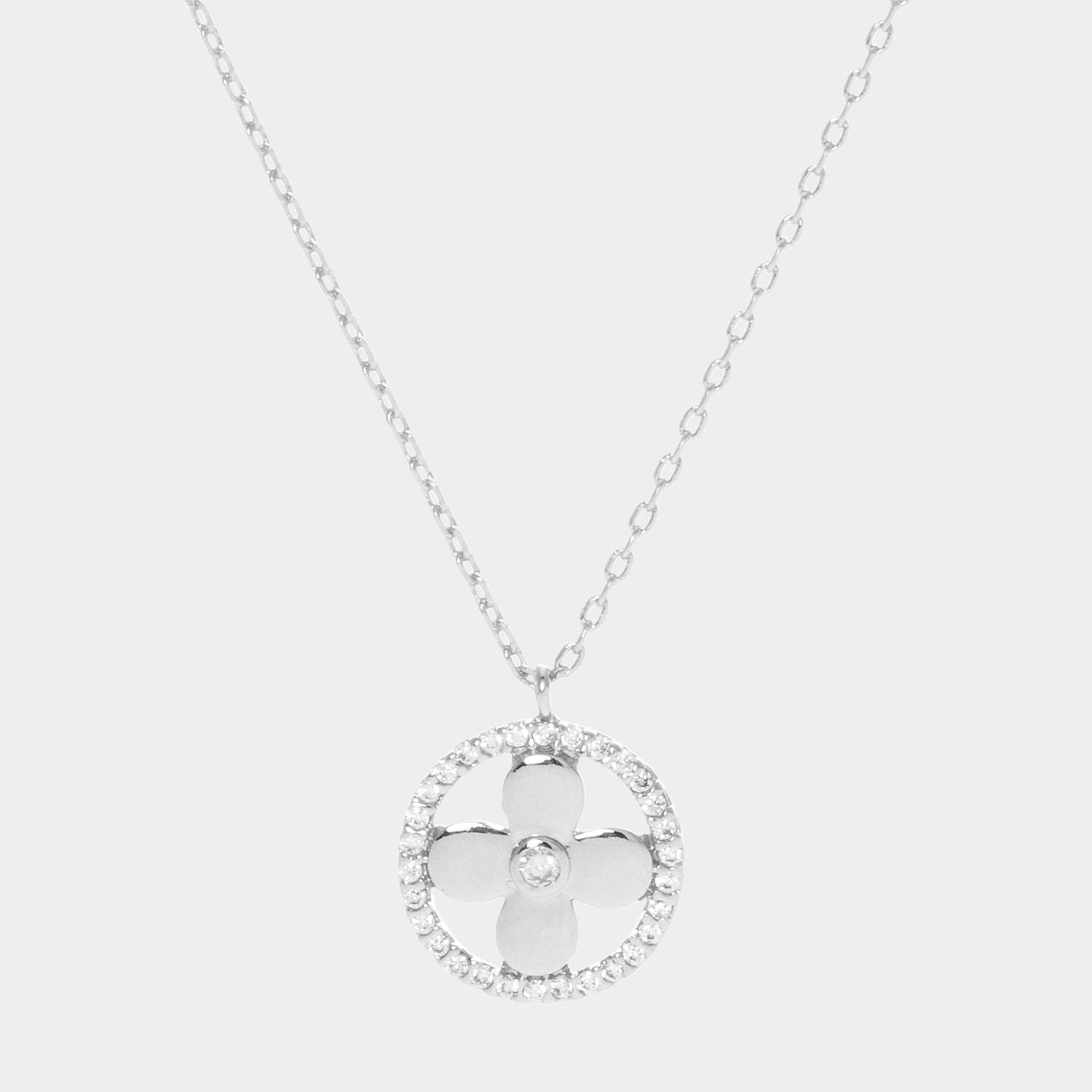 White Gold Dipped CZ Centered Metal Quatrefoil Round Pendant Necklace - Madeline Love - Flyclothing LLC