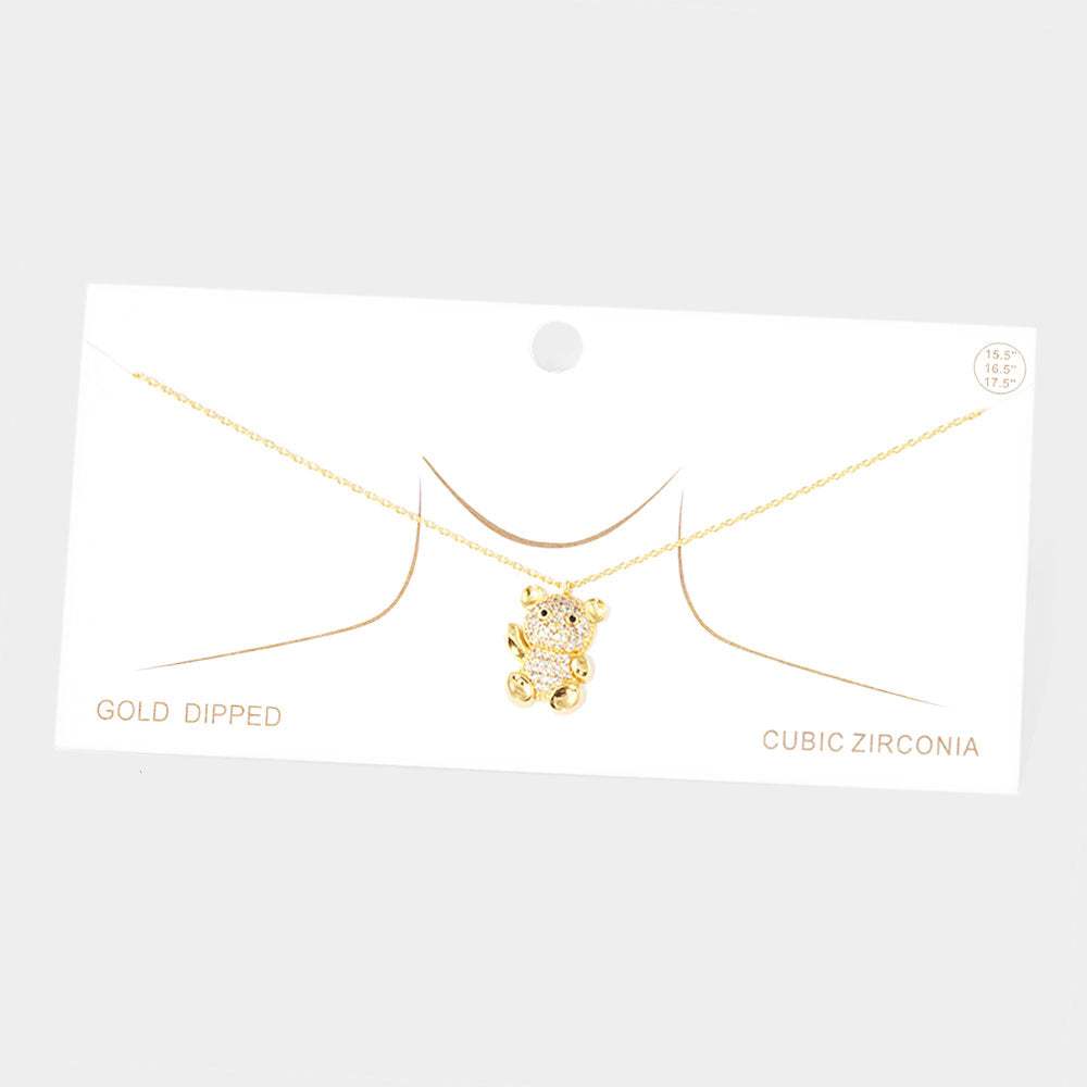 Gold Dipped CZ Embellished Metal Bear Pendant Necklace - Madeline Love - Flyclothing LLC