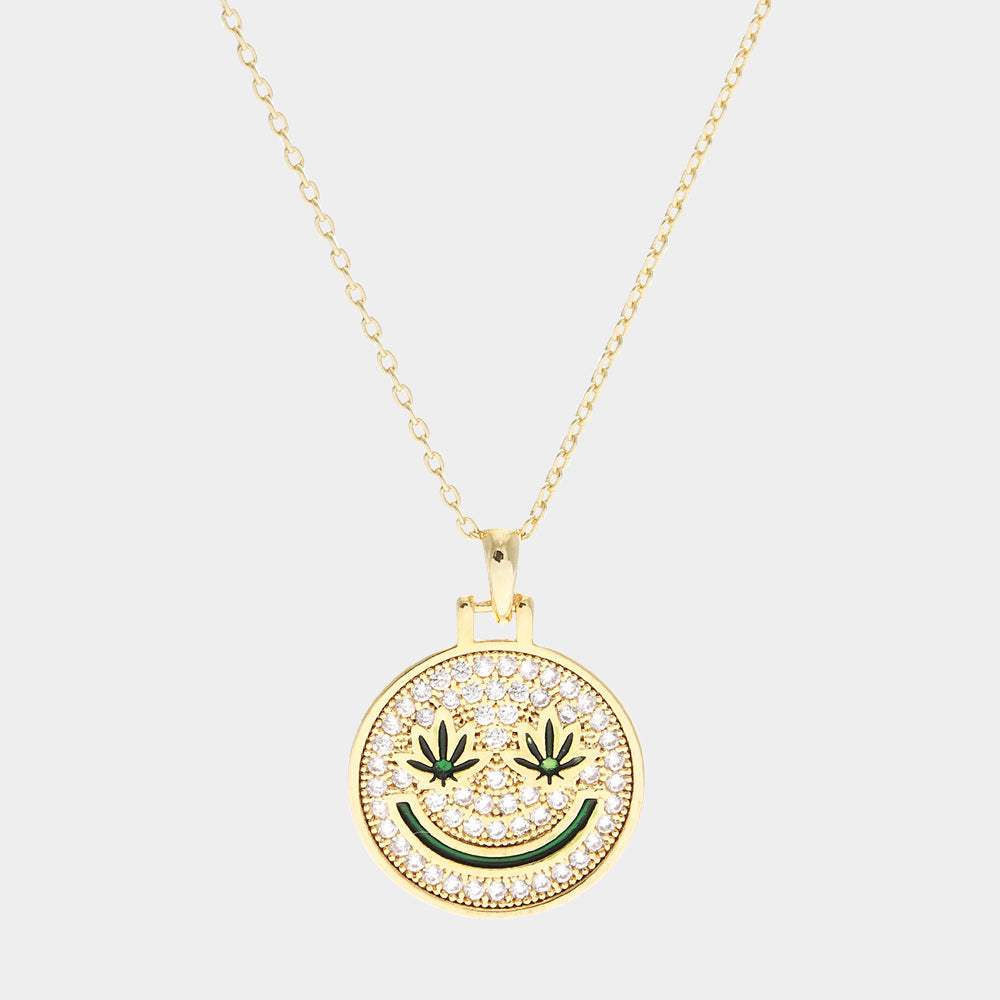 Gold Dipped Hemp Leaf Pointed CZ Smile Pendant Necklace - Madeline Love - Flyclothing LLC