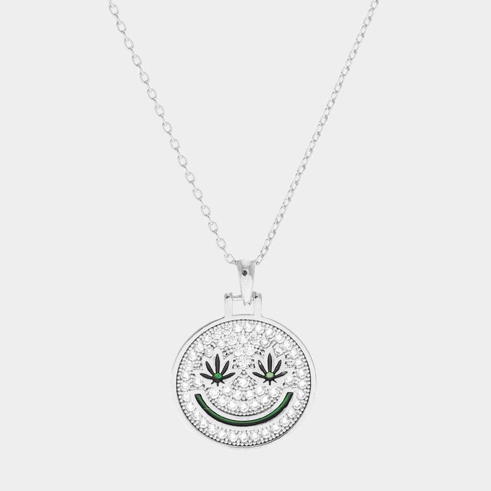 White Gold Dipped Hemp Leaf Pointed CZ Smile Pendant Necklace - Madeline Love - Flyclothing LLC