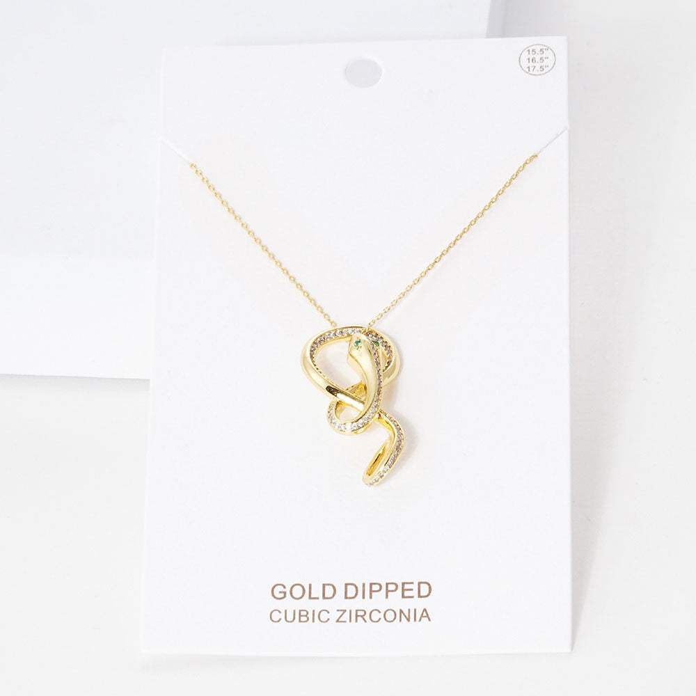 Gold Dipped CZ Embellished Metal Snake Pendant Necklace - Madeline Love - Flyclothing LLC