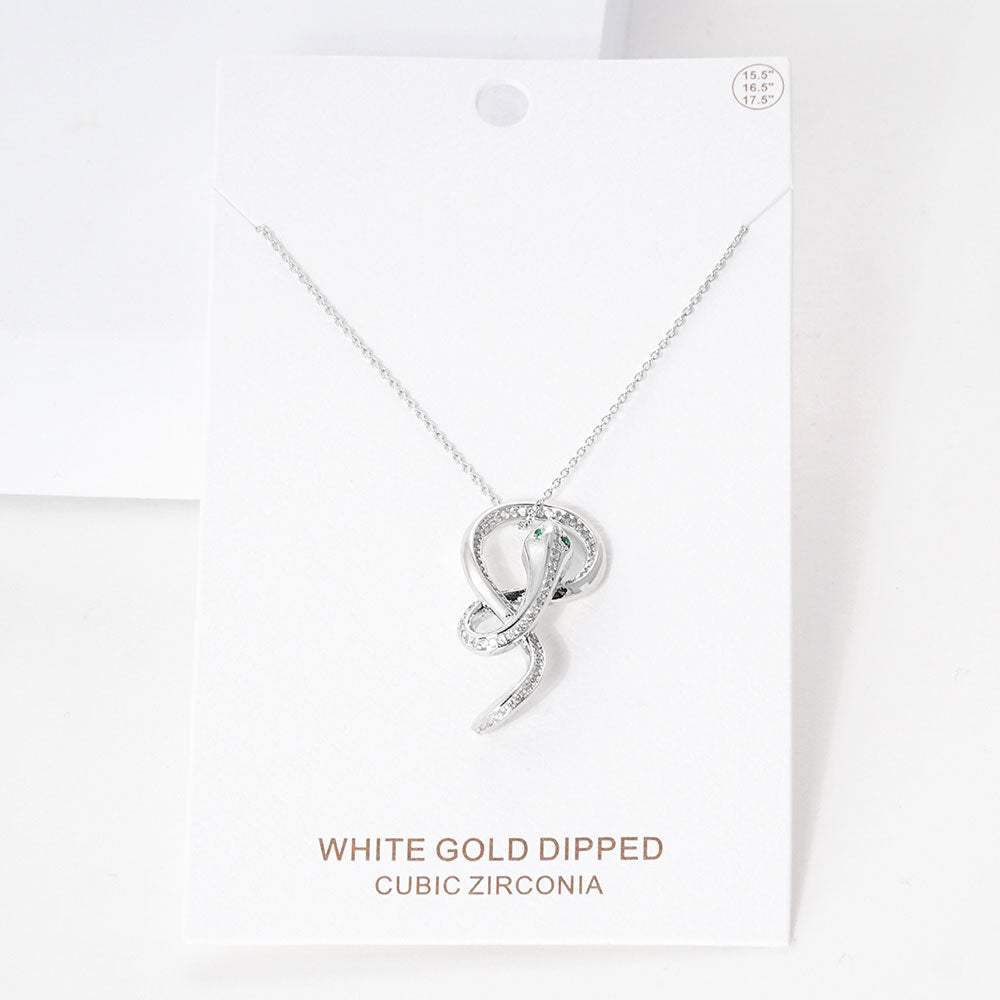 White Gold Dipped CZ Embellished Metal Snake Pendant Necklace - Madeline Love - Flyclothing LLC