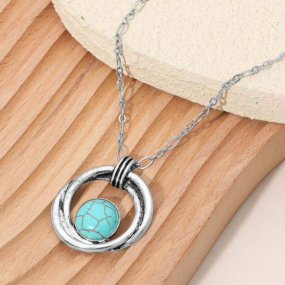 Boho Round Turquoise Stone Accent Double Open Ring Pendant Necklace - Madeline Love - Flyclothing LLC
