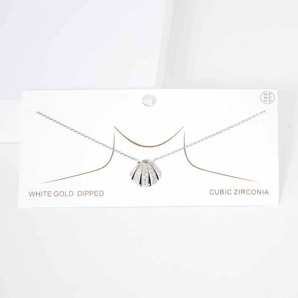 White Gold Dipped CZ Embellished Metal Shell Pendant Necklace - Madeline Love - Flyclothing LLC