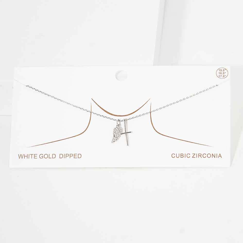 White Gold Dipped CZ Embellished Metal Wing Cross Pendant Necklace - Madeline Love - Flyclothing LLC