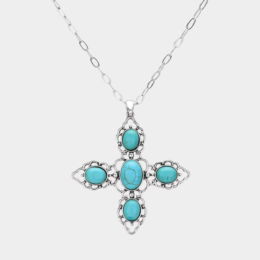 Oval Western Turquoise Stone Pointed Cross Pendant Necklace - Madeline Love - Flyclothing LLC
