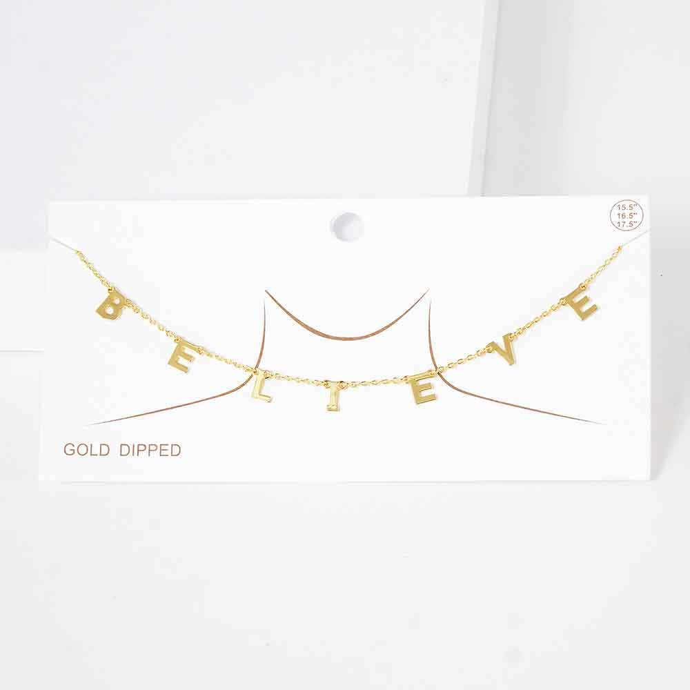 BELIEVE Gold Dipped Metal Message Pendant Station Necklace - Madeline Love - Flyclothing LLC
