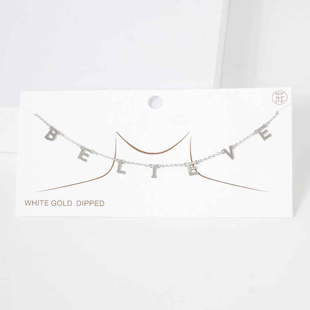 BELIEVE White Gold Dipped Metal Message Pendant Station Necklace - Madeline Love - Flyclothing LLC