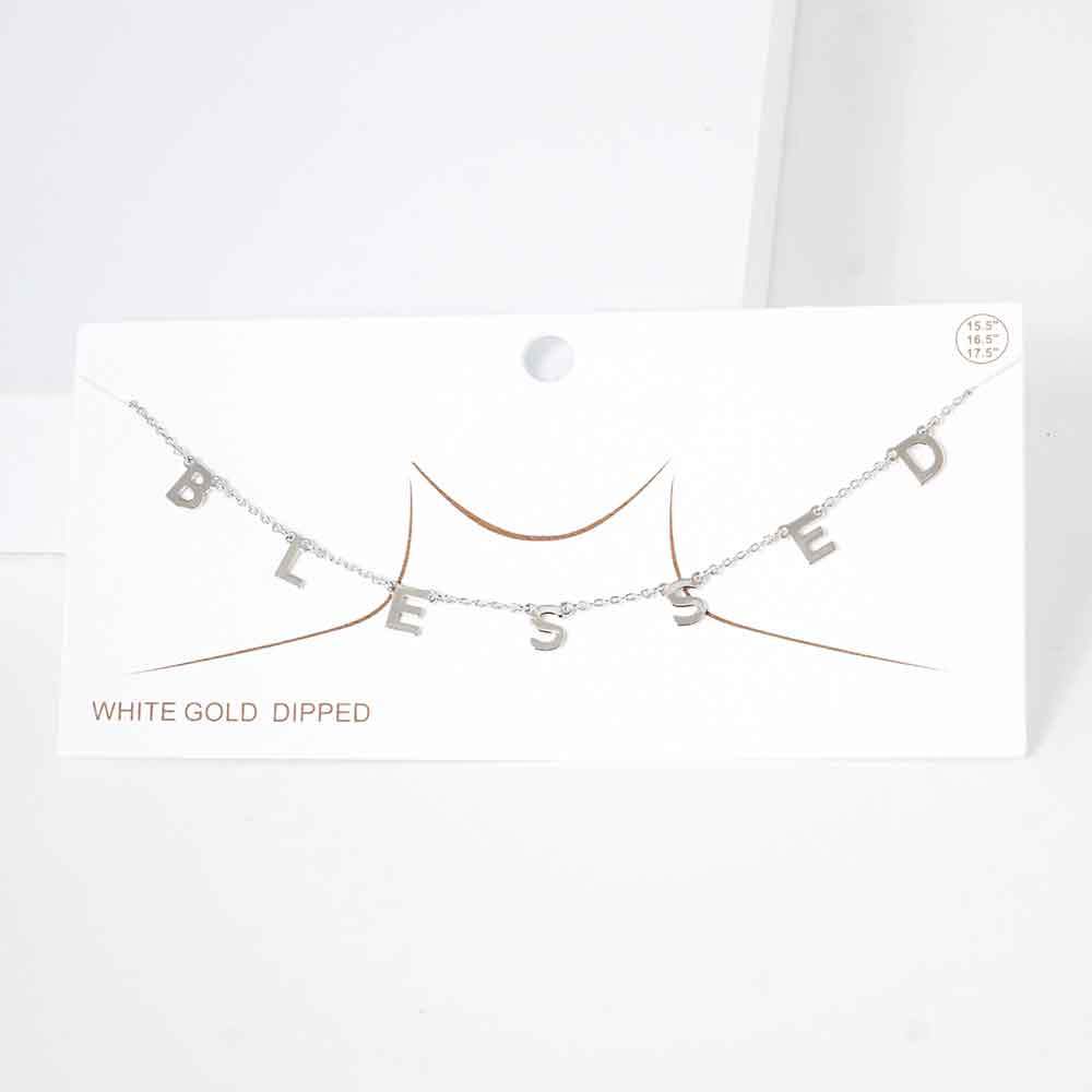 BLESSED White Gold Dipped Metal Message Pendant Station Necklace - Madeline Love - Flyclothing LLC