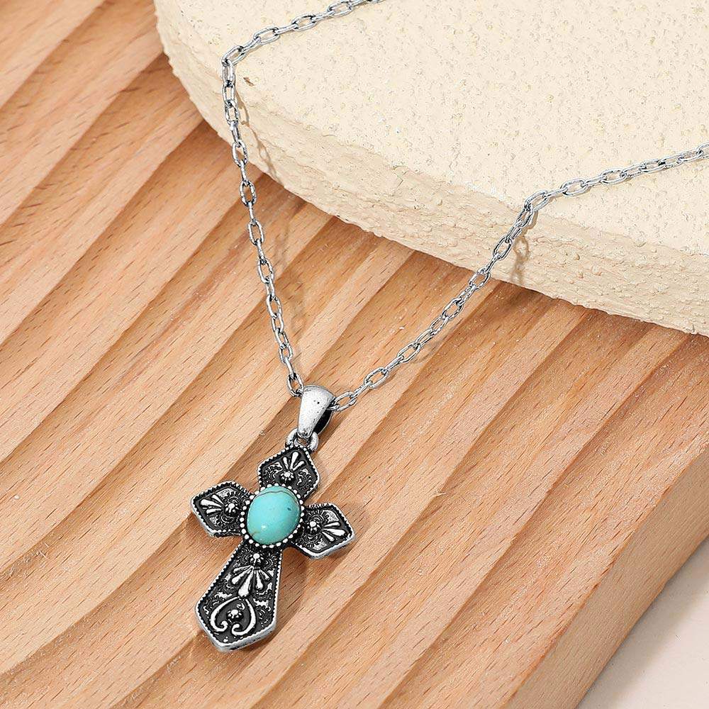 Oval Turquoise Stone Accent Ornate Cross Pendant Necklace - Madeline Love - Flyclothing LLC