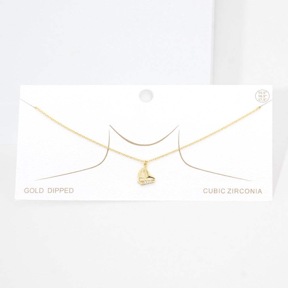 Gold Dipped CZ Embellished Sailboat Pendant Necklace - Madeline Love - Flyclothing LLC