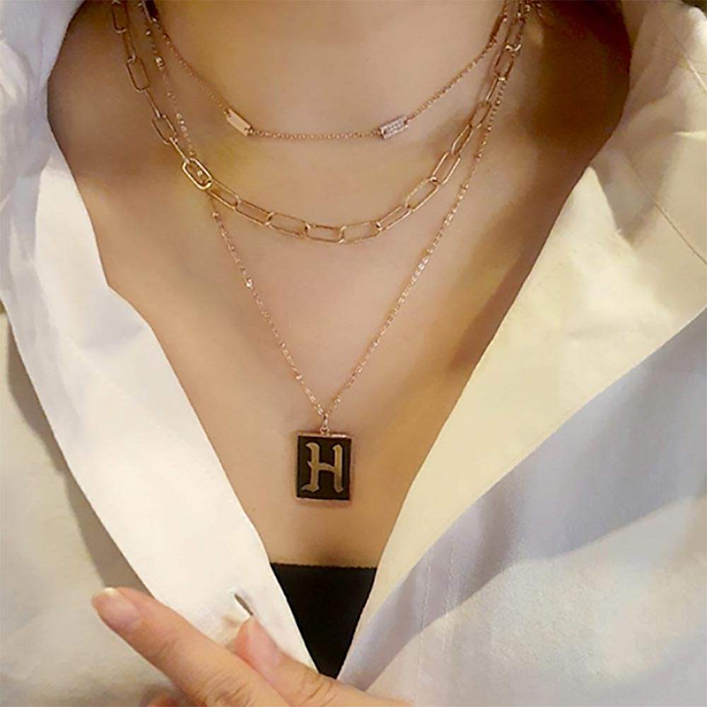 -H- Gold Dipped Enamel Rectangle Initial Monogram Pendant Necklace - Madeline Love - Flyclothing LLC