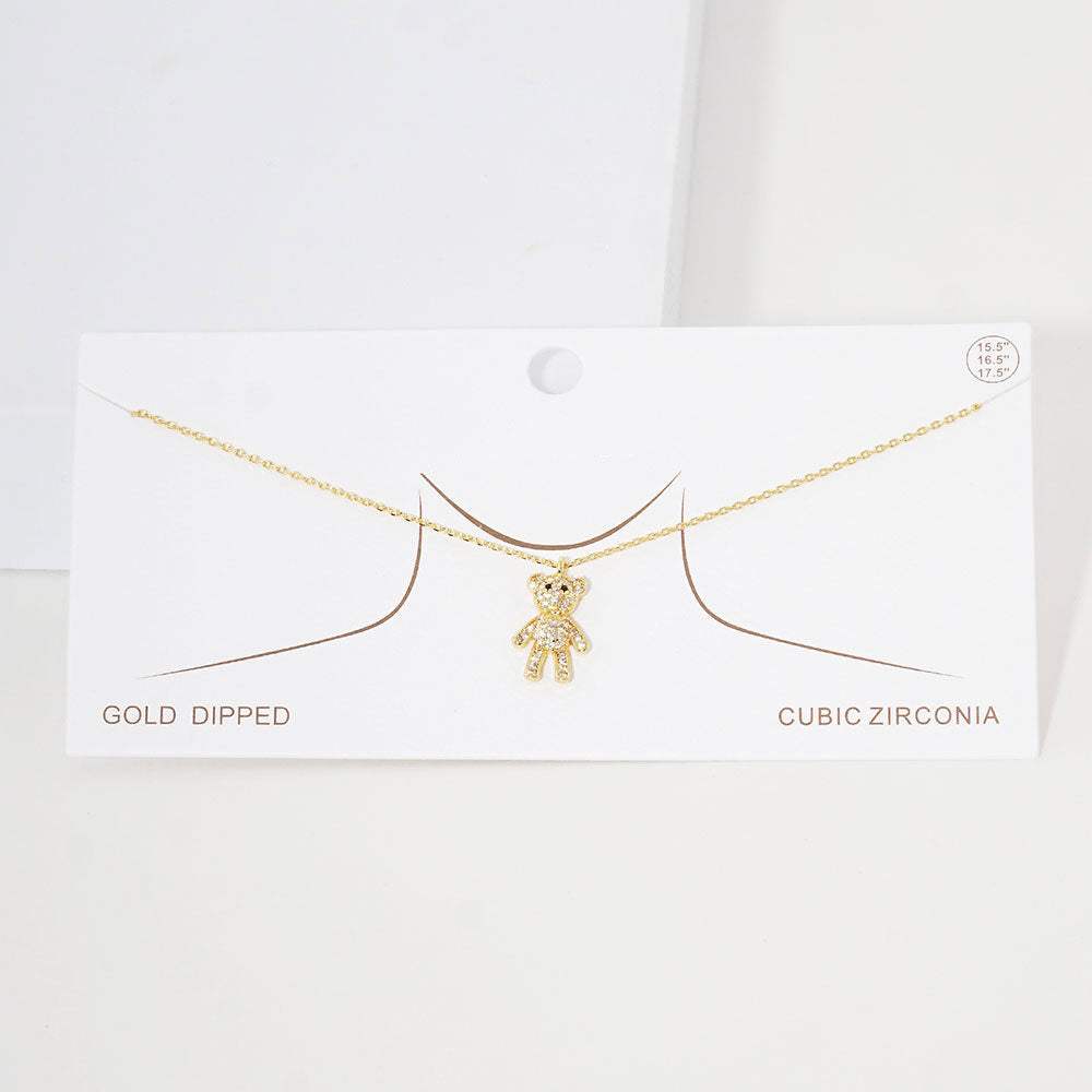 Gold Dipped CZ Embellished Bear Pendant Necklace - Madeline Love - Flyclothing LLC