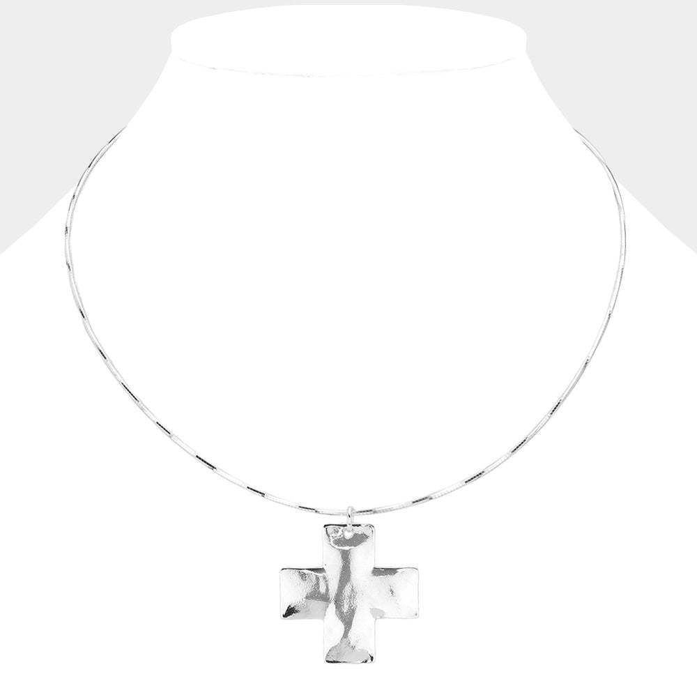 Hammered Metal Cross Pendant Necklace - Madeline Love - Flyclothing LLC