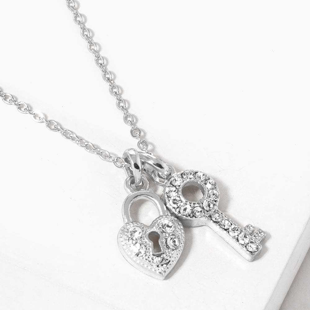 Rhinestone Paved Key Heart Lock Pendant Necklace - Madeline Love - Flyclothing LLC