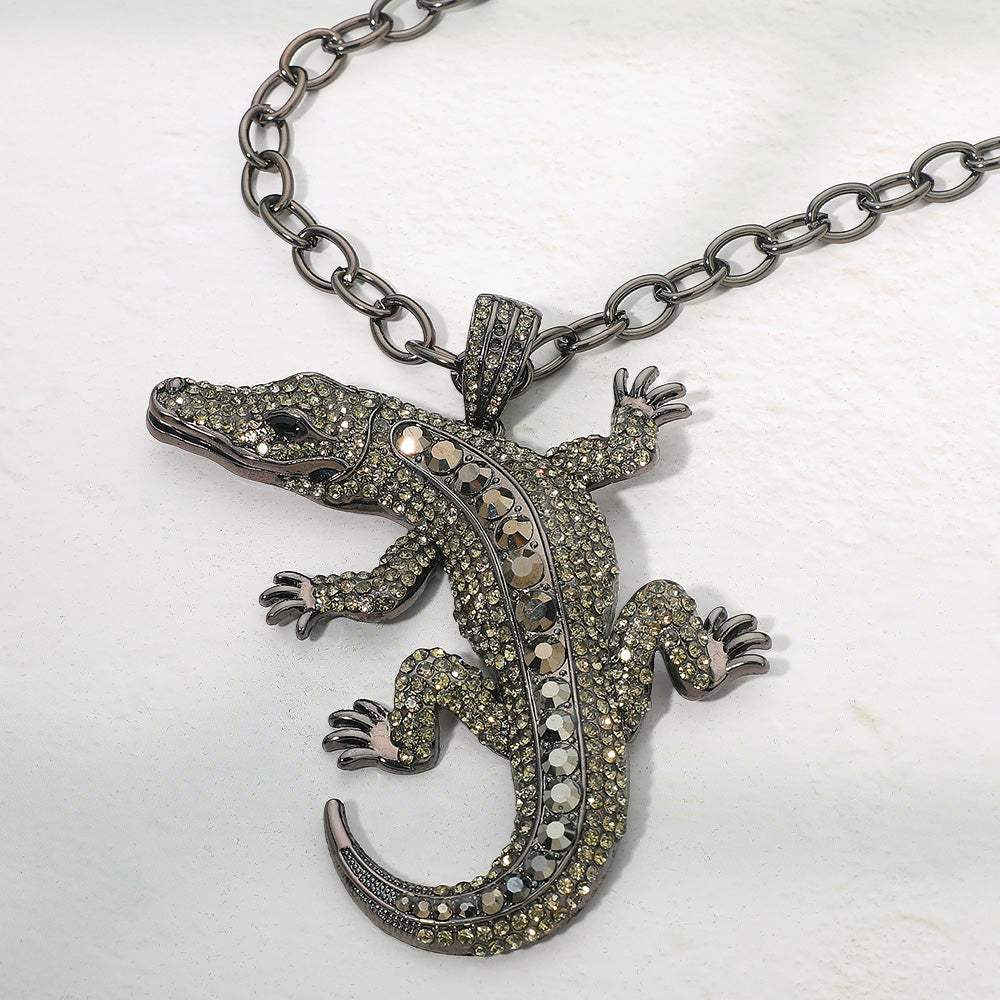 Bold Bling Studded Alligator Pendant Chunky Chain Statement Necklace - Madeline Love - Flyclothing LLC