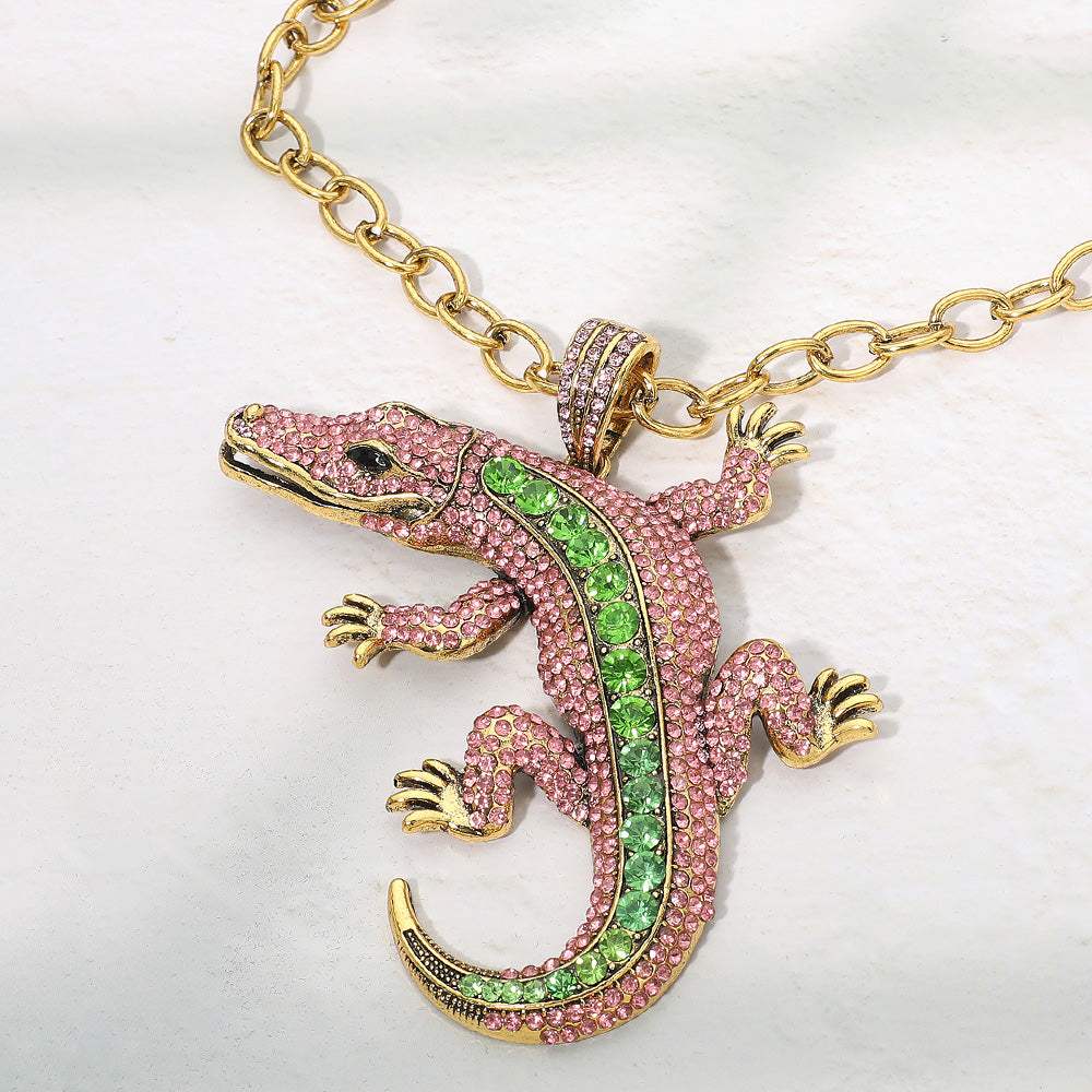 Bold Bling Studded Alligator Pendant Chunky Chain Statement Necklace - Madeline Love - Flyclothing LLC