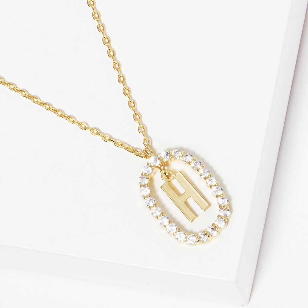 -H- Gold Dipped Metal Initial Monogram Rhinestone Oval Link Pendant Necklace - Madeline Love - Flyclothing LLC