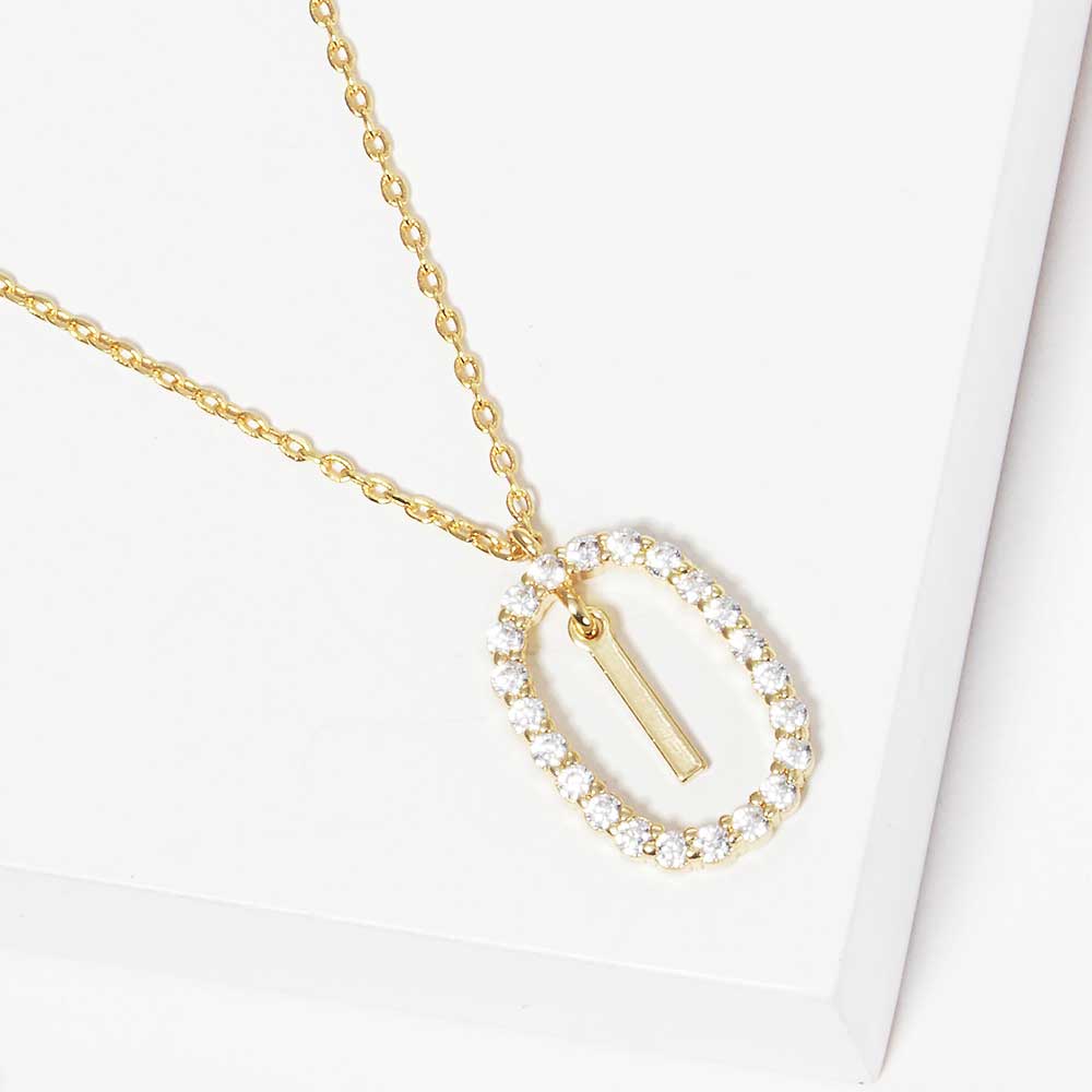 -I- Gold Dipped Metal Initial Monogram Rhinestone Oval Link Pendant Necklace - Madeline Love - Flyclothing LLC