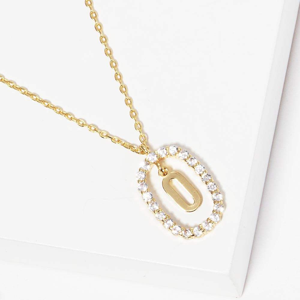 -O- Gold Dipped Metal Initial Monogram Rhinestone Oval Link Pendant Necklace - Madeline Love - Flyclothing LLC