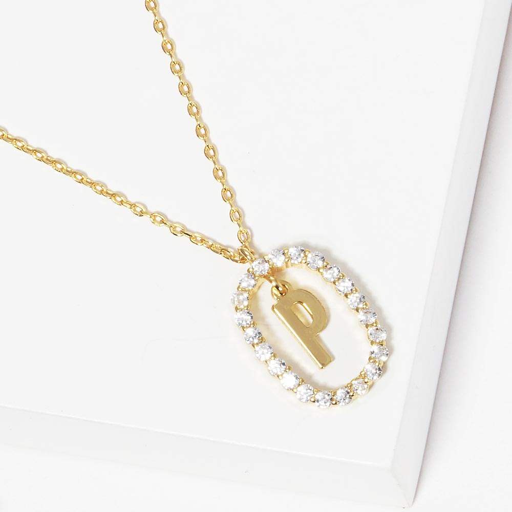 -P- Gold Dipped Metal Initial Monogram Rhinestone Oval Link Pendant Necklace - Madeline Love - Flyclothing LLC