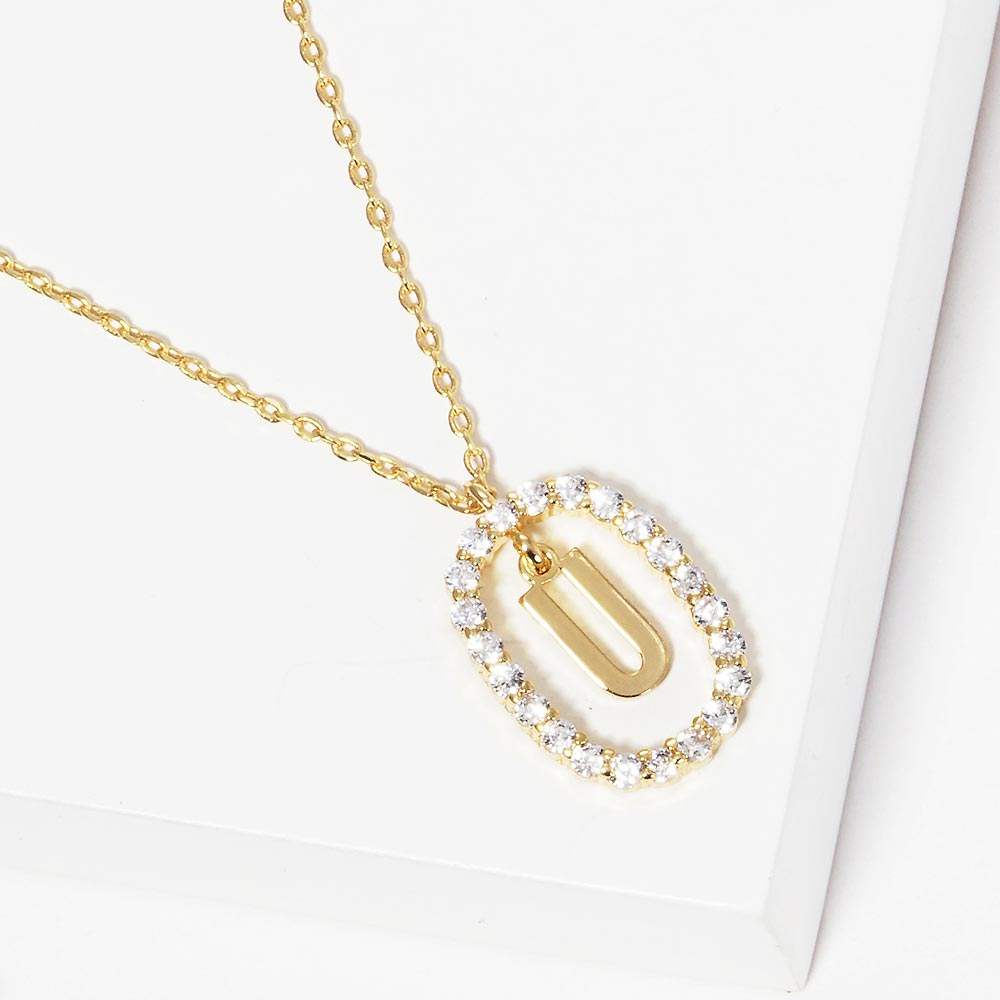 -U- Gold Dipped Metal Initial Monogram Rhinestone Oval Link Pendant Necklace - Madeline Love - Flyclothing LLC
