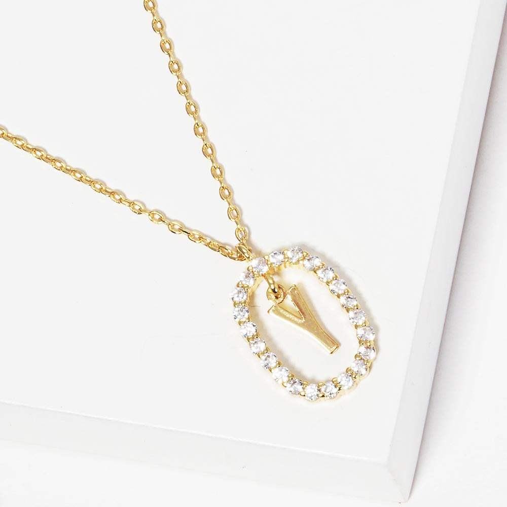 -Y- Gold Dipped Metal Initial Monogram Rhinestone Oval Link Pendant Necklace - Madeline Love - Flyclothing LLC