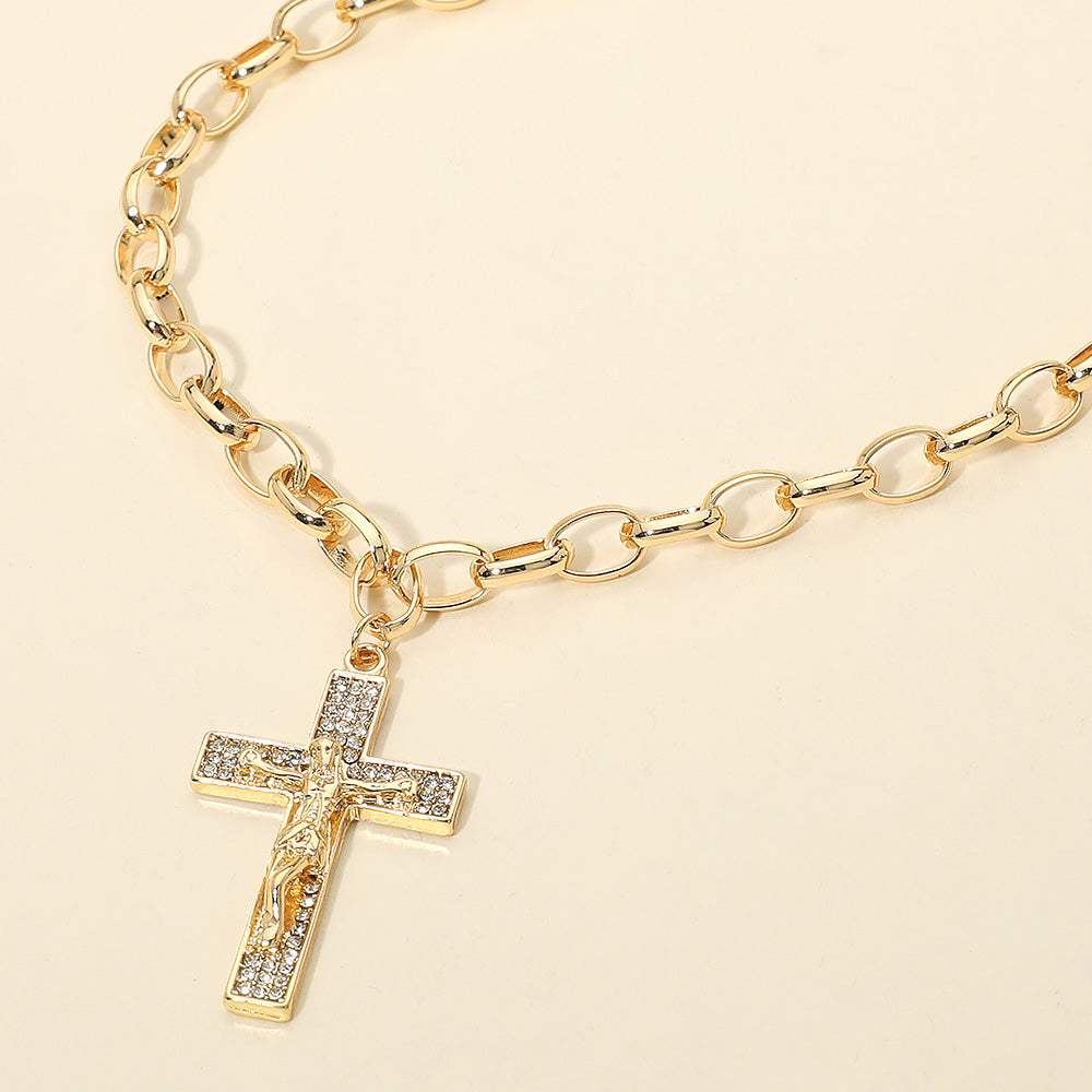 Rhinestone Pave Jesus Christ Cross Pendant Chunk Chain Necklace - Madeline Love - Flyclothing LLC