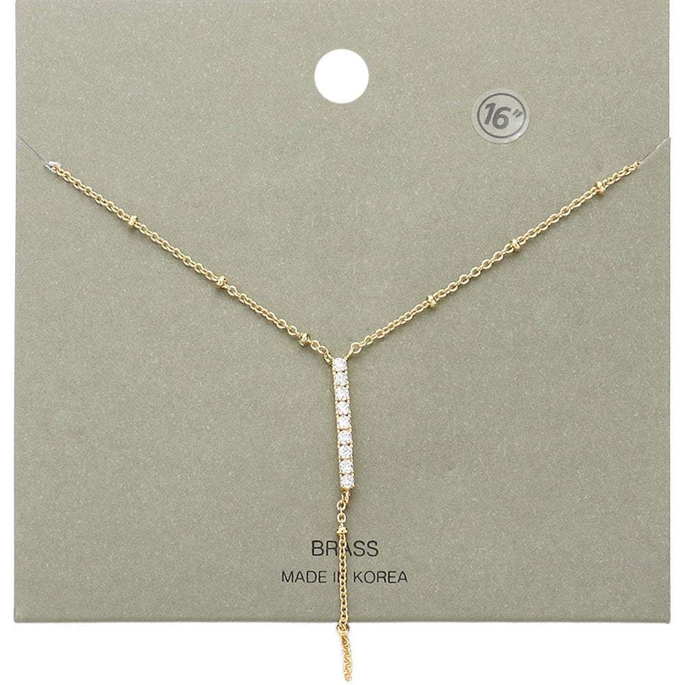 Brass Metal Rhinestone Embellished Bar Pendant Y Necklace - Madeline Love - Flyclothing LLC