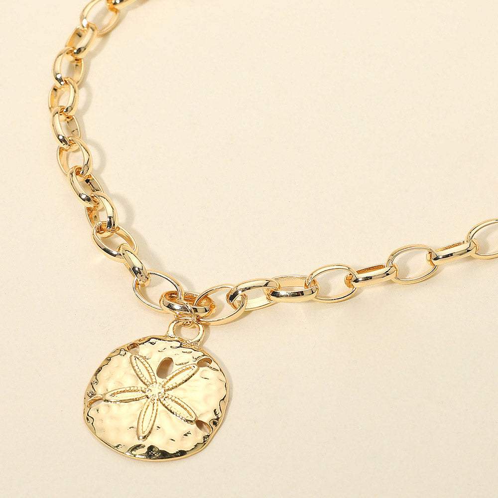 Hammered Metal Sand Dollar Pendant Chunky Chain Necklace - Madeline Love - Flyclothing LLC